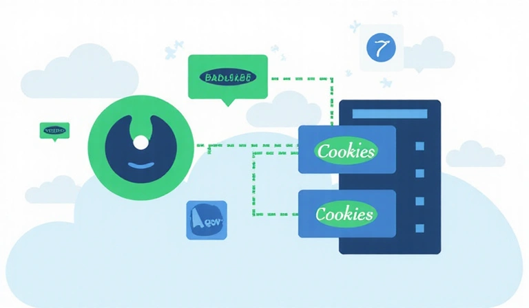 Illustration of various types of cookies in a digital context, showing small data packets flowing between a browser and a server.